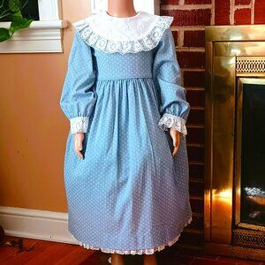 Bryan Girls Bib Collar Dress 7 Vtg Blue Floral Fit & Flare Long Sleeve Lace Trim